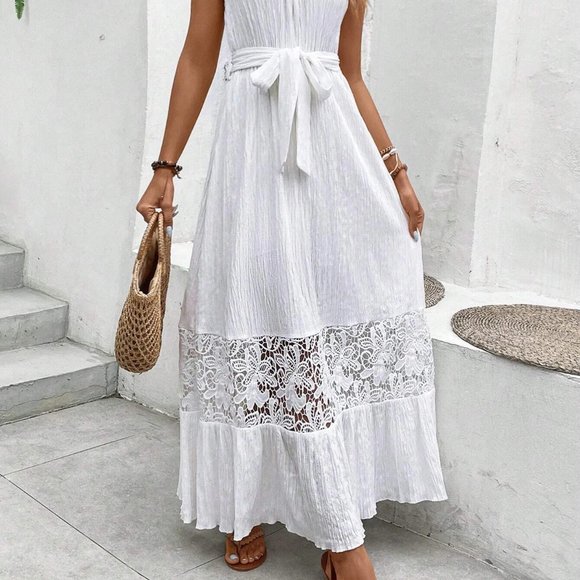 White Boho Womens Contrast Guipure Lace Layered Hem Belted Halter Dress - Picture 2 of 5